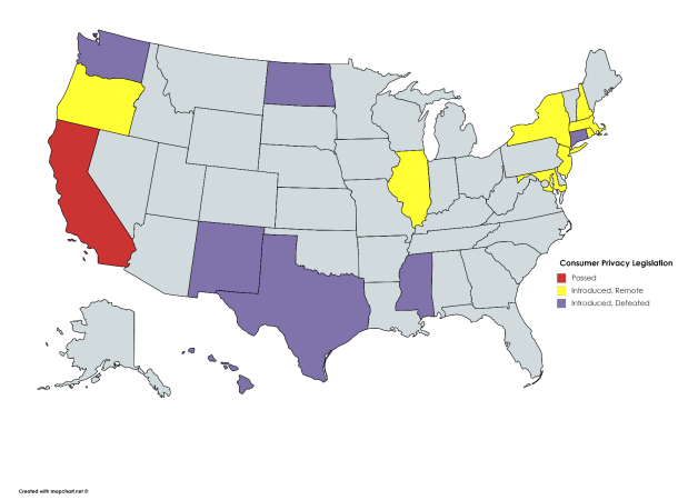 Map of states contemplating consumer privacy reform laws